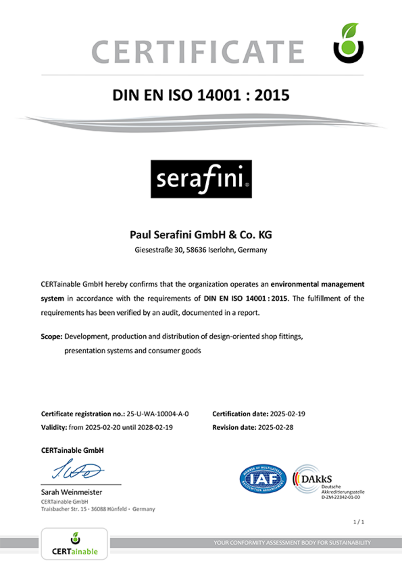 Original ISO 14001 environmental audit certificate