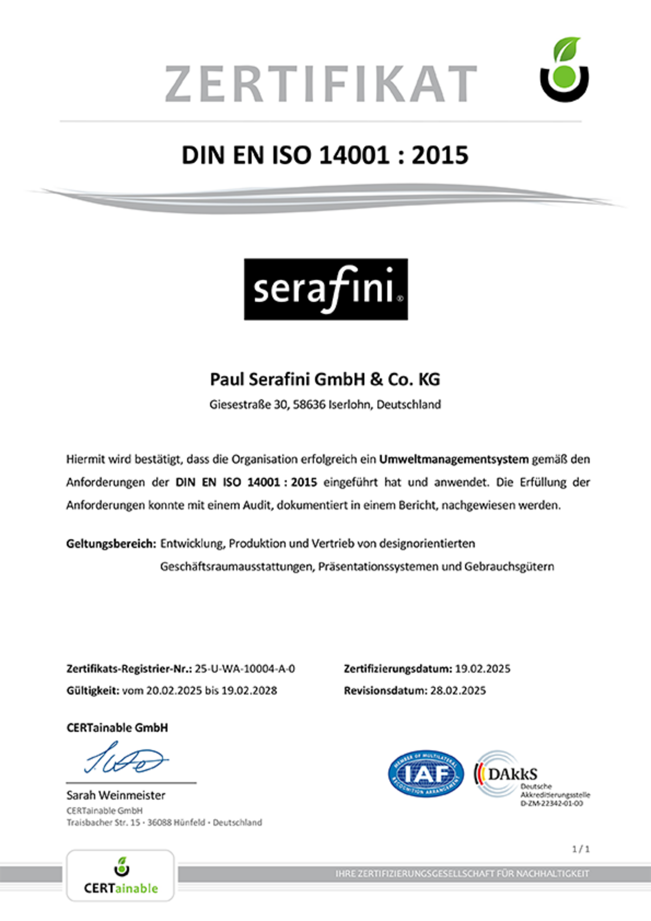 Originales Zertifikat ISO 14001 Umweltausdit